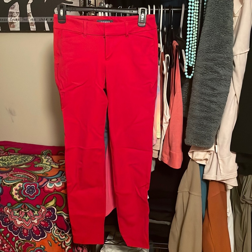 Red, ankle work pants.